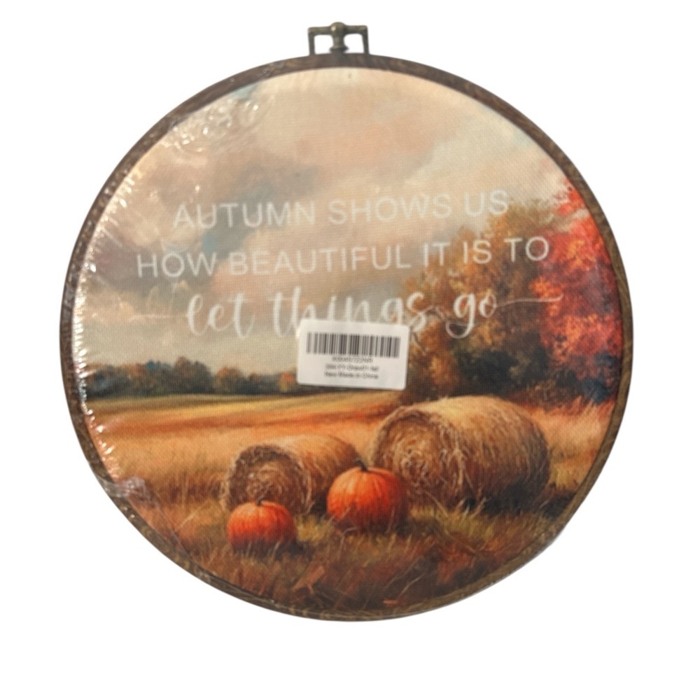 Autumn Themed Round With Pumpkin & Hays 10x10 Hanging Rustic Wall Decor